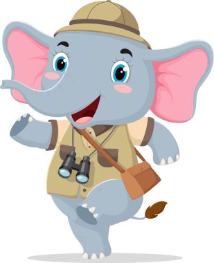 Safari kaşifi kıyafeti giyen şirin filin vektör illüstrasyonu çizgi film karakteri