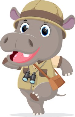 Safari kaşifi kıyafetleri giyen şirin Hippo 'nun vektör çizimi