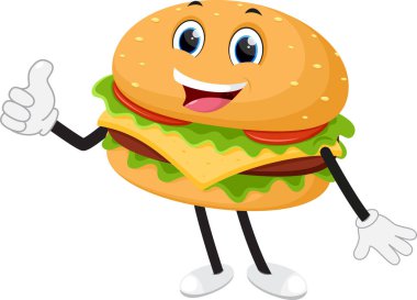Beyaz arka planda izole edilmiş, çocuk kitapları, çıkartmalar ve maskotlar için uygun, Hamburger Çizgi Film Karakterinin Vektör İllüstrasyonu