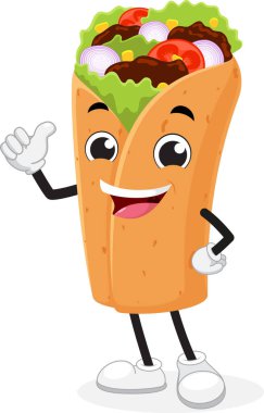 Burrito 'nun vektör illüstrasyonu veya kebap maskotu çizgi film karakteri, baş parmağını kaldırıyor