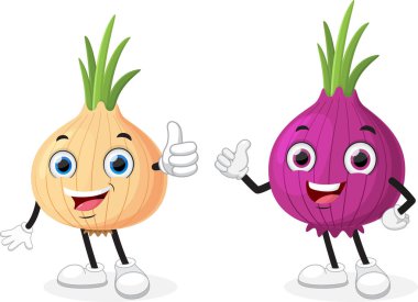 Beyaz arka planda izole edilmiş şirin kırmızı soğan ve sarımsaklı maskot karakterlerinin vektör çizimi