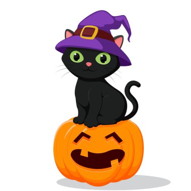 Korkunç balkabağının üzerinde oturan cadı şapkalı şirin siyah kedi çizgi filminin temsilcisi.