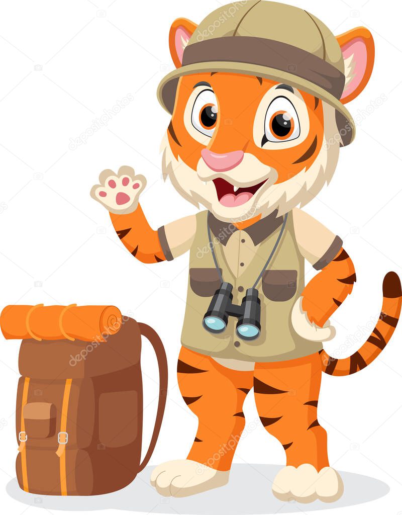 Vector Illustration of Cute Tiger wearing safari explorer clothes cartoon character