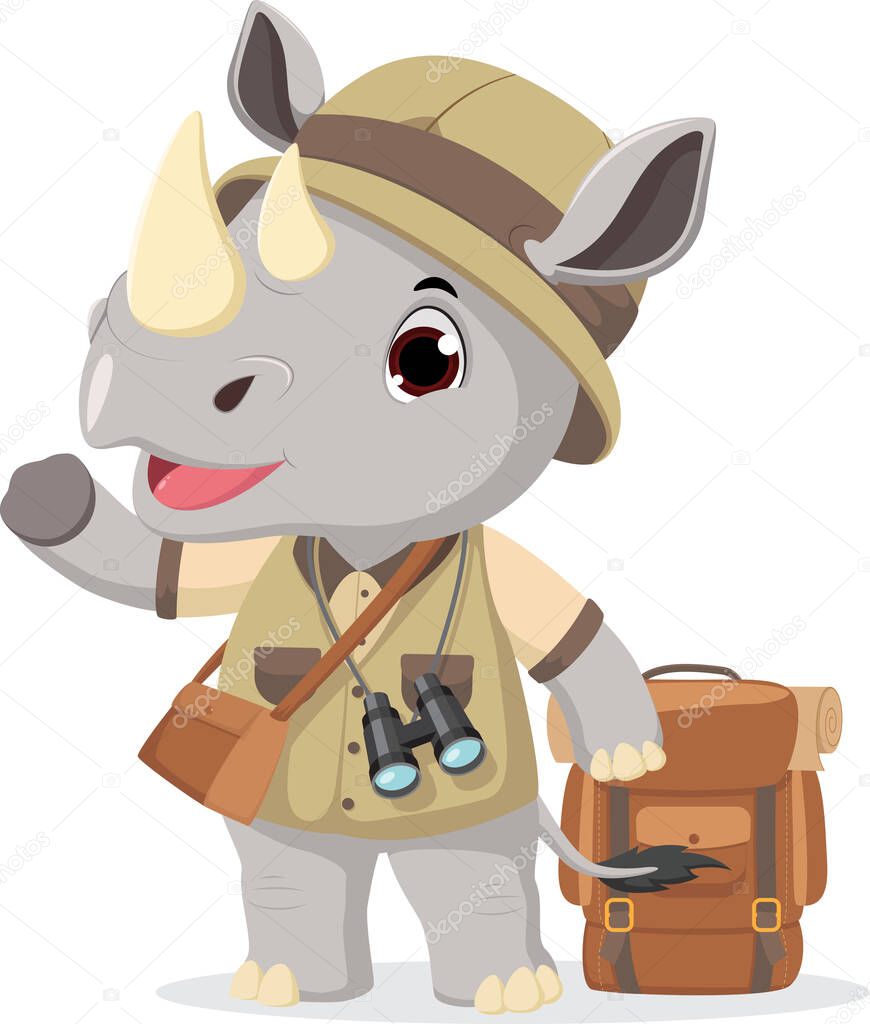 Vector Illustration of Cute Rhino wearing safari explorer clothes cartoon character