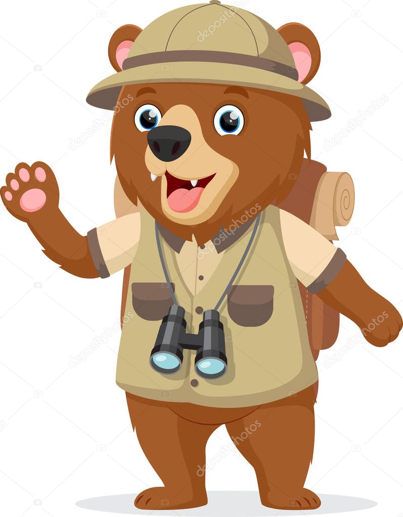 Vector Illustration of Cute Brown bear wearing safari explorer clothes cartoon character