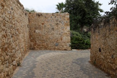 İsrail 'in deniz kıyısındaki antik bir kalenin taş duvarı.