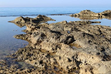 Rocky shore of the Mediterranean Sea in northern Israel.