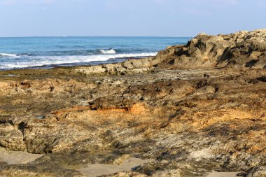 Rocky shore of the Mediterranean Sea in northern Israel.