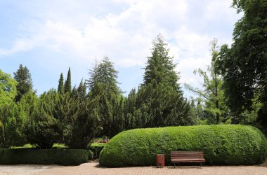 Akdeniz kıyısındaki bir şehir parkında dinlenmek için bankta..