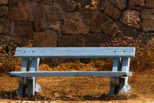 Ławka Odpoczynku Parku Miejskim Nad Brzegiem Morza Śródziemnego — Zdjęcie stockowe