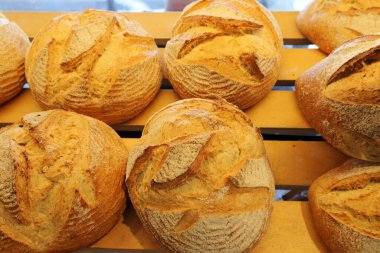 Ekmek ve fırın ürünleri bir mağazada sergileniyor.