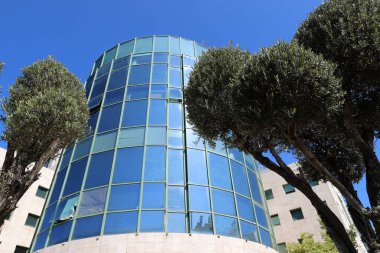 Tel Aviv İsrail 03 / 28 / 2024. Tel Aviv 'deki binalar ve yapılar yüksek ağaçların yaprakları arasında..