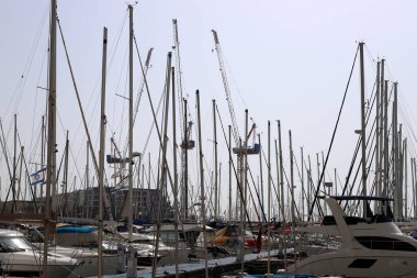 Mavi gökyüzüne karşı limanda direkler.