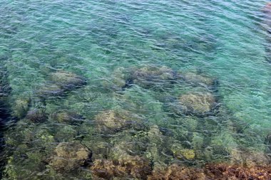 Akdeniz 'deki suyun sığ sulardaki rengi. Doğal soyut arkaplan.