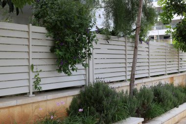 Yüksek çitler boyunca yeşil bitkiler ve çiçekler yetişir.