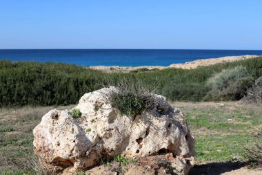 Akdeniz kıyısındaki bir şehir parkında büyük taşlar