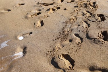 Footprints in the sand on the shores of the Mediterranean Sea.