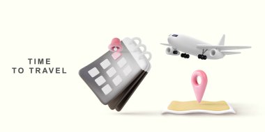 Seyahat kavramının 3 boyutlu gerçekçi illüstrasyonu, takvimle haritayla uçan uçak.