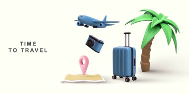 3D gerçekçi - Bavul, palmiye ağacı, şapka, kamera, uçak, harita ile seyahat zamanı.