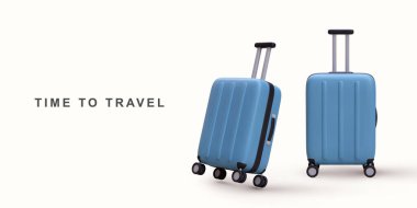 Beyaz arka planda 3D gerçekçi mavi seyahat tramvay çantaları.