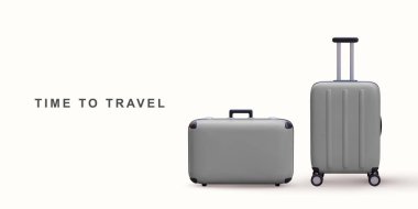 Beyaz arkaplanda 3D gerçekçi gri seyahat çantaları.