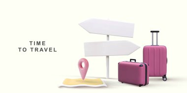 Harita, işaret ve el çantaları ile 3D gerçekçi dünya seyahati kavramı.