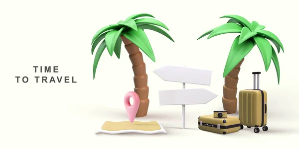 Realistic World Travel Concept Palm Trees Camera Map Pointer Handbags — Stock Vector