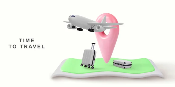 Realista Ilustración Concepto Viaje Avión Volando Sobre Las Bolsas Viaje — Vector de stock