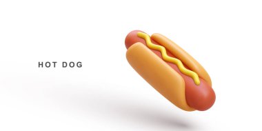 3D gerçekçi uçan Hot Dog beyaz arka planda.