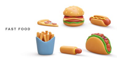 3D gerçekçi Hamburger, Pizza, Hot Dog, Taco ve beyaz arka planda patates kızartması..