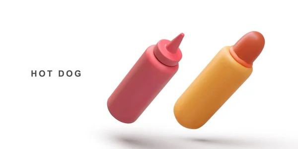 Realistische Vliegende Hot Dog Ketchup Witte Achtergrond — Stockvector