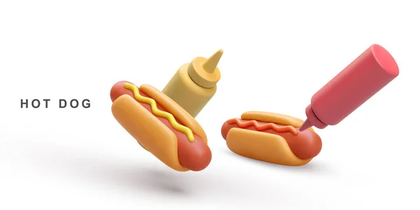 3D逼真两只热狗和番茄酱 白色背景芥末番茄酱 — 图库矢量图片