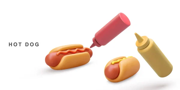 Dois Cachorro Quente Ketchup Ketchup Mostarda Fundo Branco — Vetor de Stock