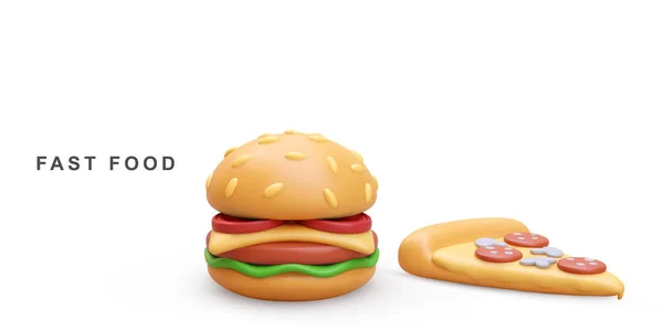Realistischer Hamburger Und Pizza Auf Weißem Hintergrund — Stockvektor