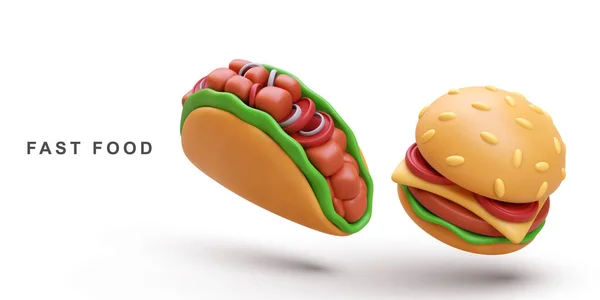 Ρεαλιστικό Hamburger Και Taco Λευκό Φόντο — Διανυσματικό Αρχείο