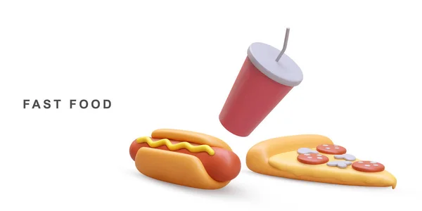 Realistischer Hot Dog Limo Und Pizza Auf Weißem Hintergrund — Stockvektor