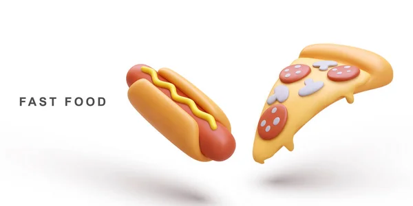 Realistischer Hot Dog Und Pizza Auf Weißem Hintergrund — Stockvektor