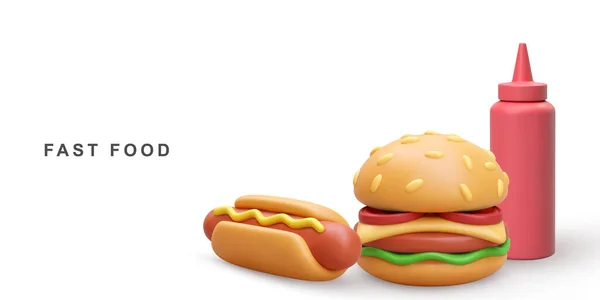 Realistico Hot Dog Hamburger Ketchup Sfondo Bianco — Vettoriale Stock