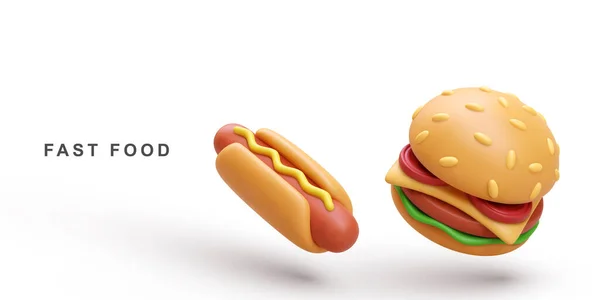 Realistischer Hot Dog Und Hamburger Auf Weißem Hintergrund — Stockvektor