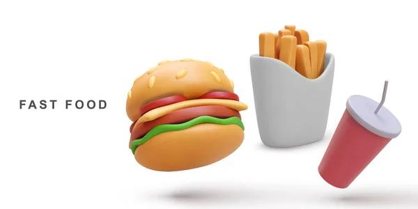 3D現実的なハンバーガーとソーダ 白い背景にフライドポテト — ストックベクタ