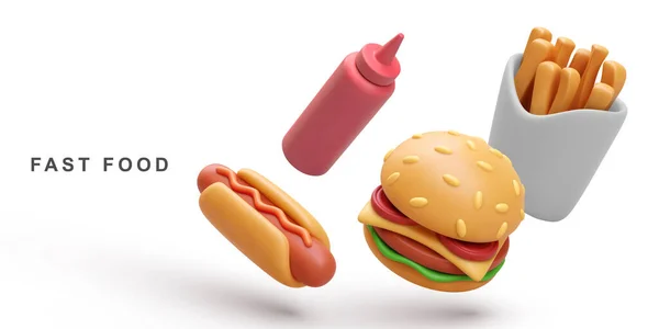 Ρεαλιστικό Hamburger Hot Dog Κέτσαπ Και Πατάτες Τηγανητές Λευκό Φόντο — Διανυσματικό Αρχείο