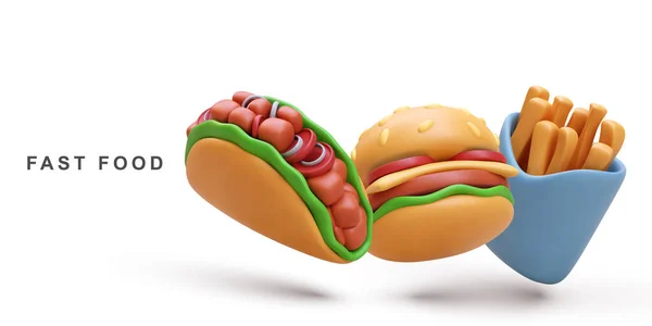 Hamburger Réaliste Frites Taco Sur Fond Blanc — Image vectorielle