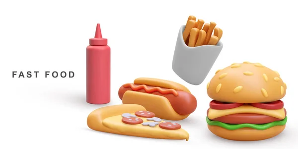 3Dリアルなハンバーガー ホットドッグ 白い背景にケチャップとフライドポテト — ストックベクタ