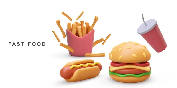 3D現実的なハンバーガー ホットドッグ 白い背景にソーダとフライドポテト — ストックベクタ