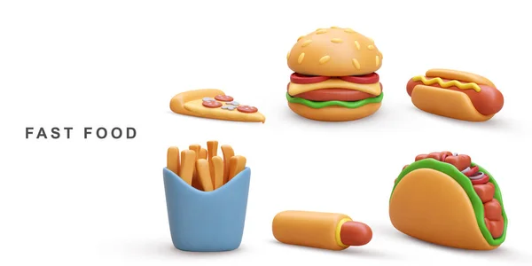 3Dリアルなハンバーガー ホットドッグ タコとポテト白の背景に — ストックベクタ