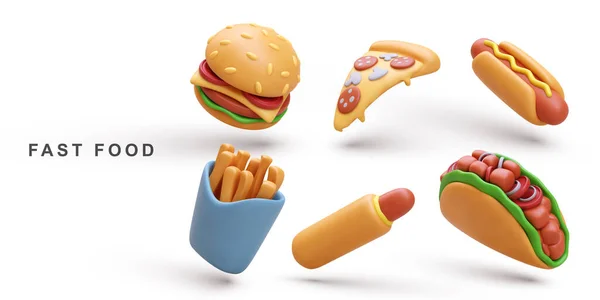 Ρεαλιστικό Σετ Hamburger Pizza Hot Dog Taco Και Πατάτες Τηγανητές — Διανυσματικό Αρχείο