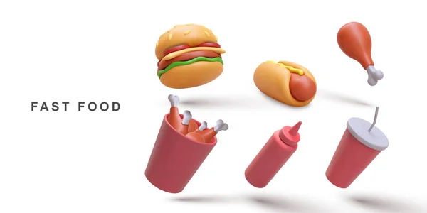 Ρεαλιστικό Σύνολο Hot Dog Σόδα Κέτσαπ Hamburger Τηγανητό Κοτόπουλο Ένα — Διανυσματικό Αρχείο