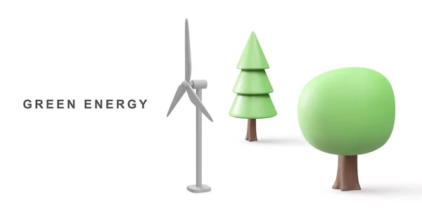 Realistische Windkraftanlagen Und Bäume Grüne Energie Saubere Energie — Stockvektor