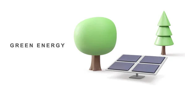 3D现实太阳能电池板的能源和树木 绿色能源 清洁能源 — 图库矢量图片