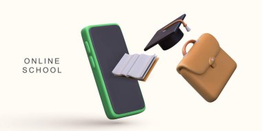 Beyaz arka planda 3D gerçekçi konsept online okul.